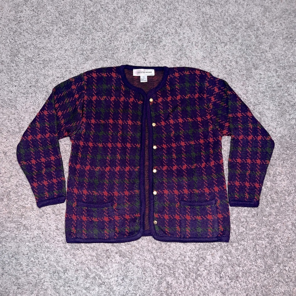 Vintage Crystal Kobe plaid cardigan sweater size medium